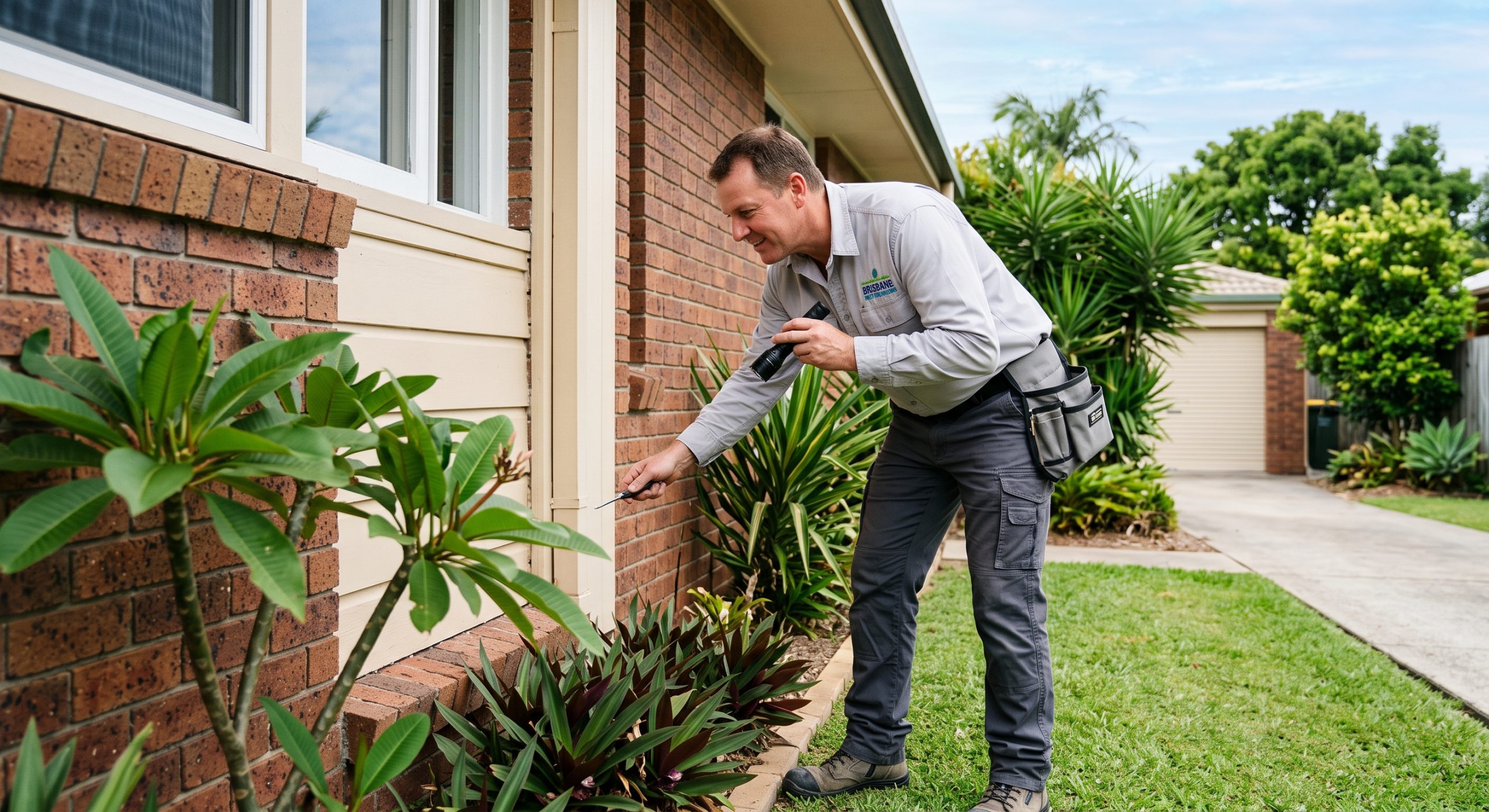 Pest control Brisbane technician inspecting home exterior