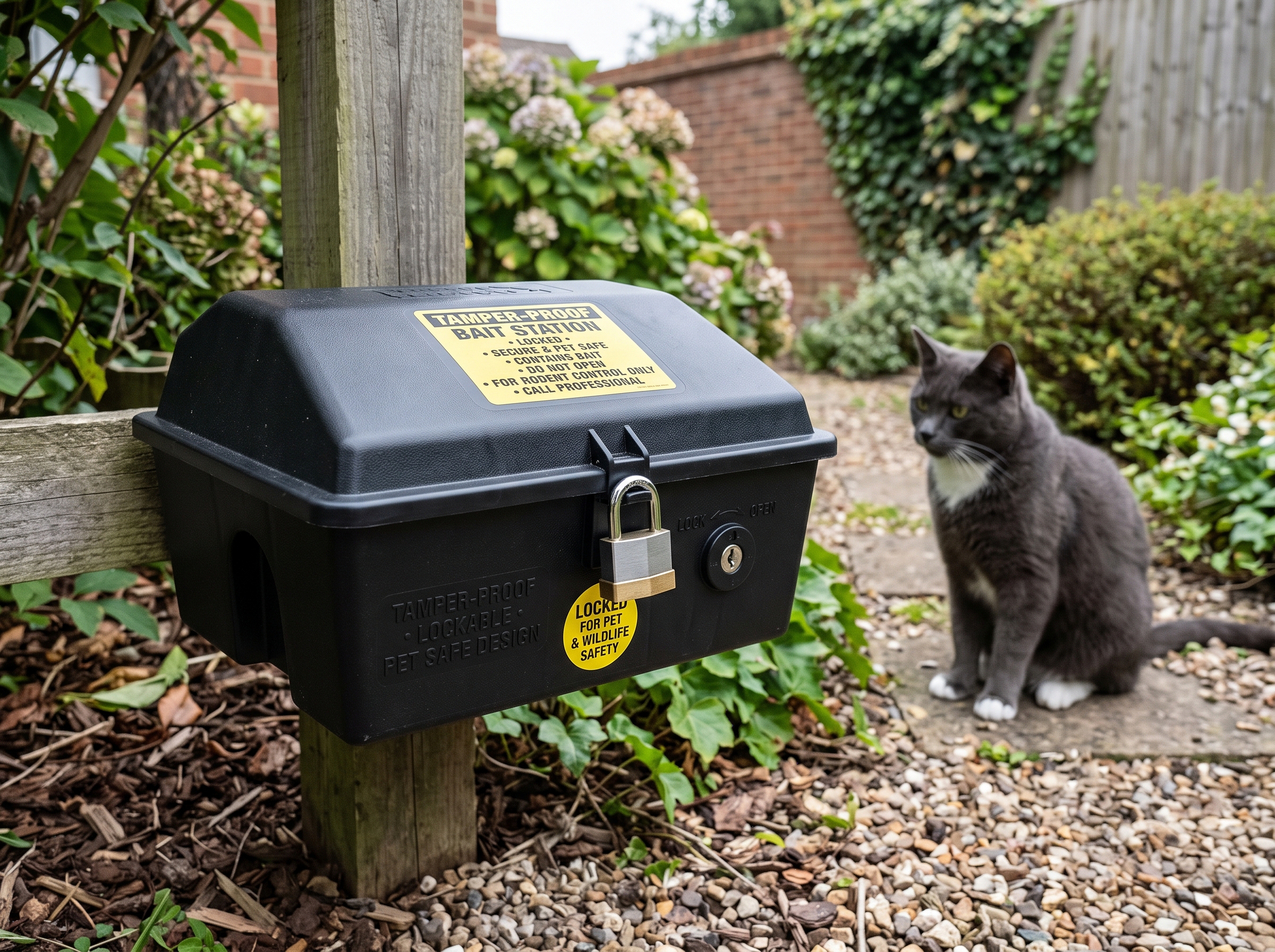 Lockable tamper-resistant rodent bait station installed outside a Brisbane home